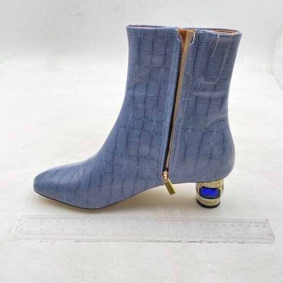 XYD Navy Stone Pattern Gorgeous Low Chunky Crystal Gem Heel Ankle Boots